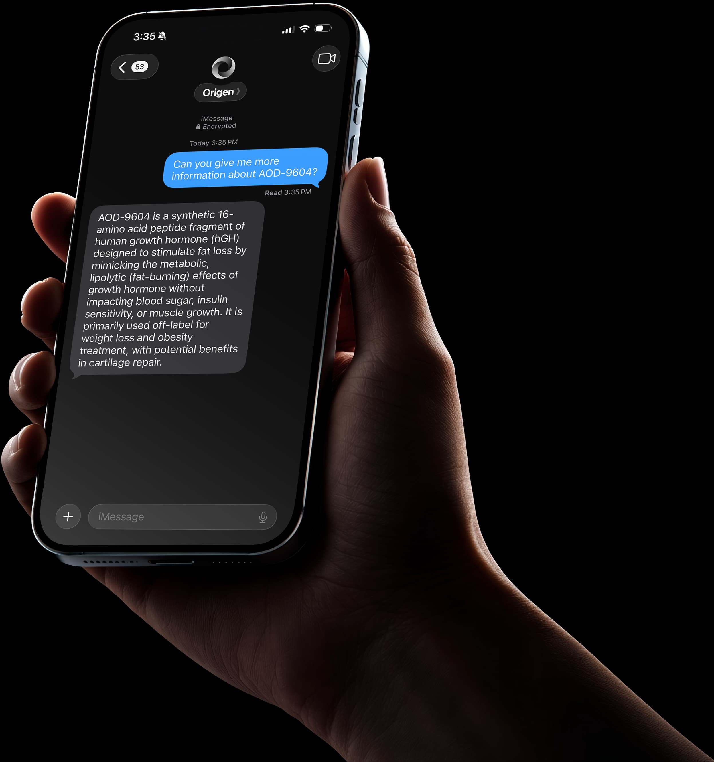 Hand holding an iPhone showing a text conversation with Origen customer support